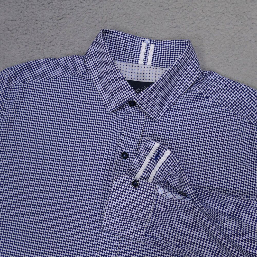 Robert Graham Shirt Men Large Tailored Fit Blue Houndstooth Long Sleeve
